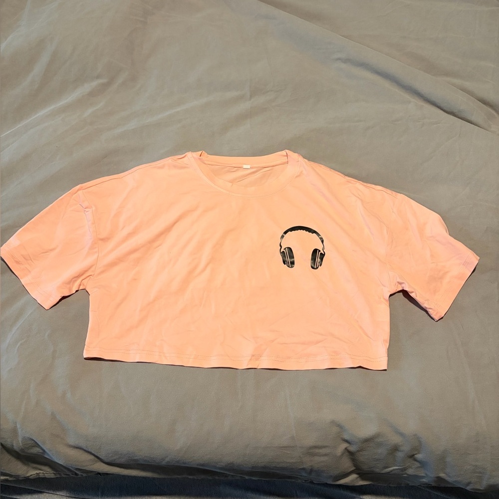 Pink Crop Top with Headphone Graphic